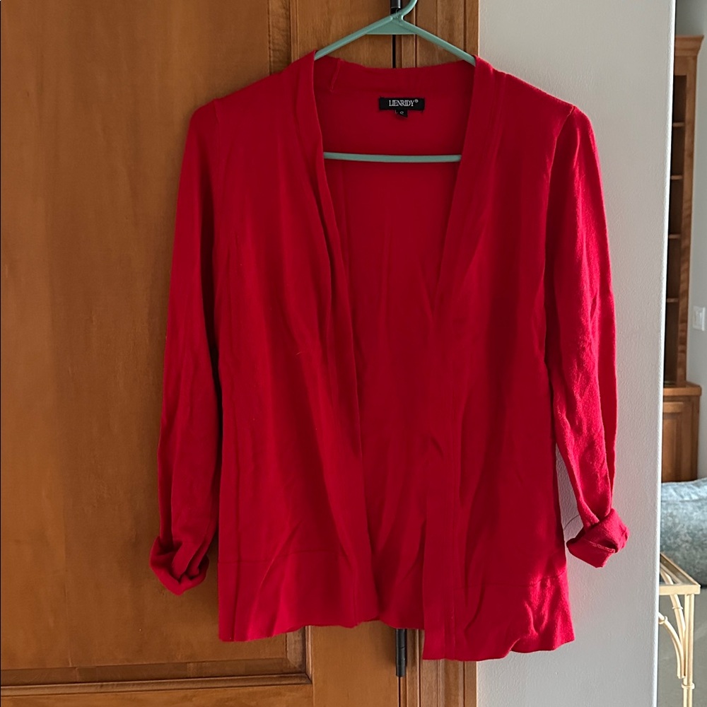 Lienridy Bold Red Knit open Front Cardigan Small